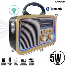 Caixa de Som Portátil Recarregável 5W RMS Bluetooth/Rádio/SD/Aux/USB Retrô LED Lanterna KA-3188 Kapbom - Preta